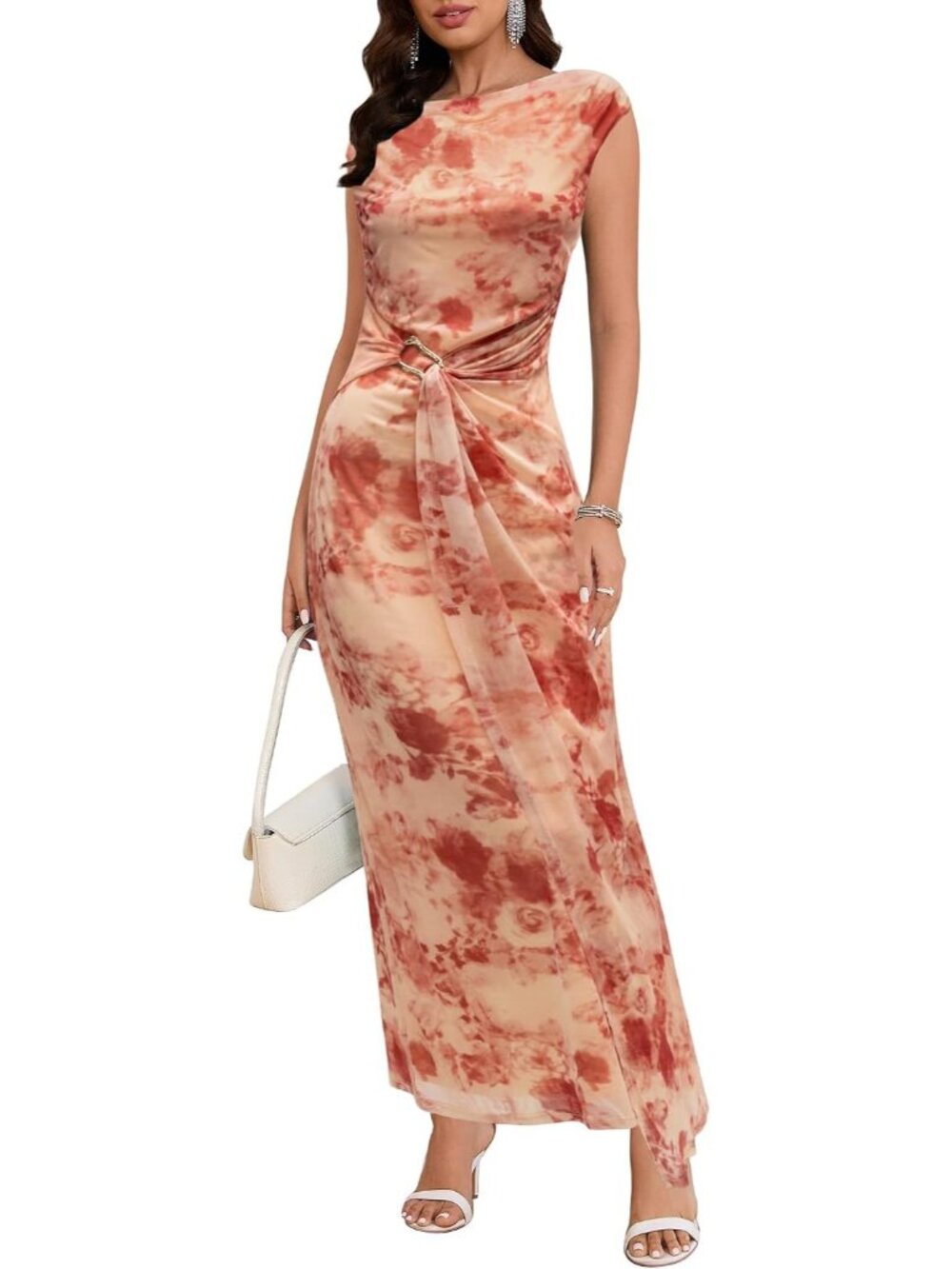 Women's Pink Red Formal Bodycon Evening Gown Cap Sleeve Wedding Guest Maxi Dress